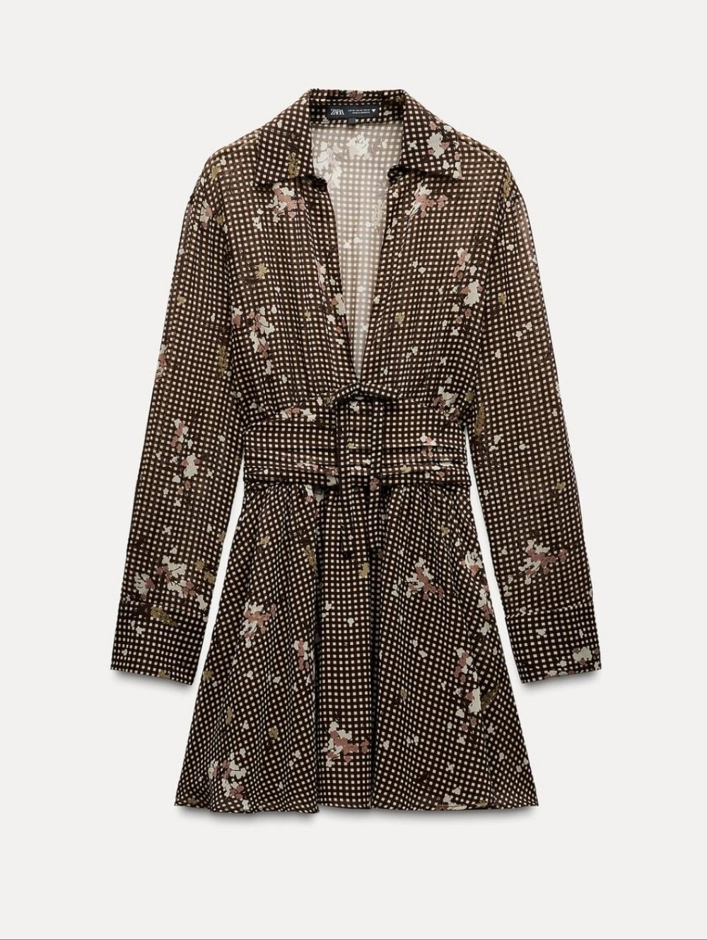 ZARA Brown Floral Gingham Long-Sleeve V-NECK A-Line Dress - Picture 6 of 16